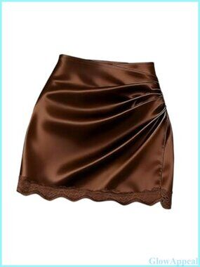 Satin Mini Wrap Skirt Lace Trim Bodycon High Waisted Work Skirt